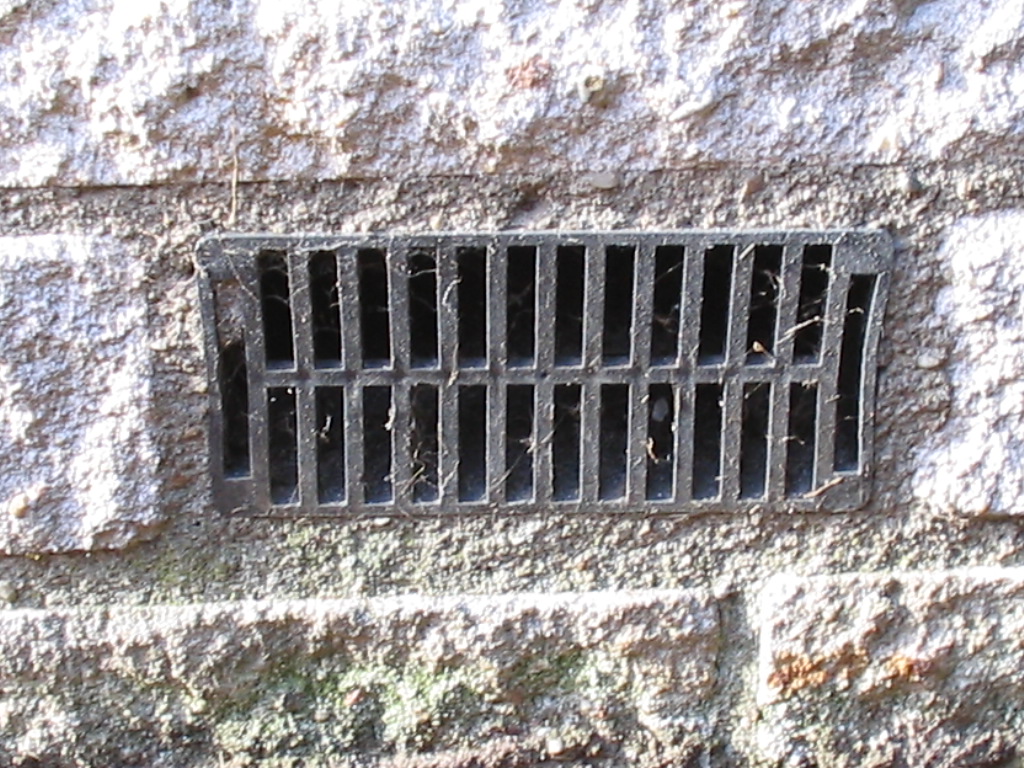 Metal mesh vent on the exterior wall of a house near the foundation